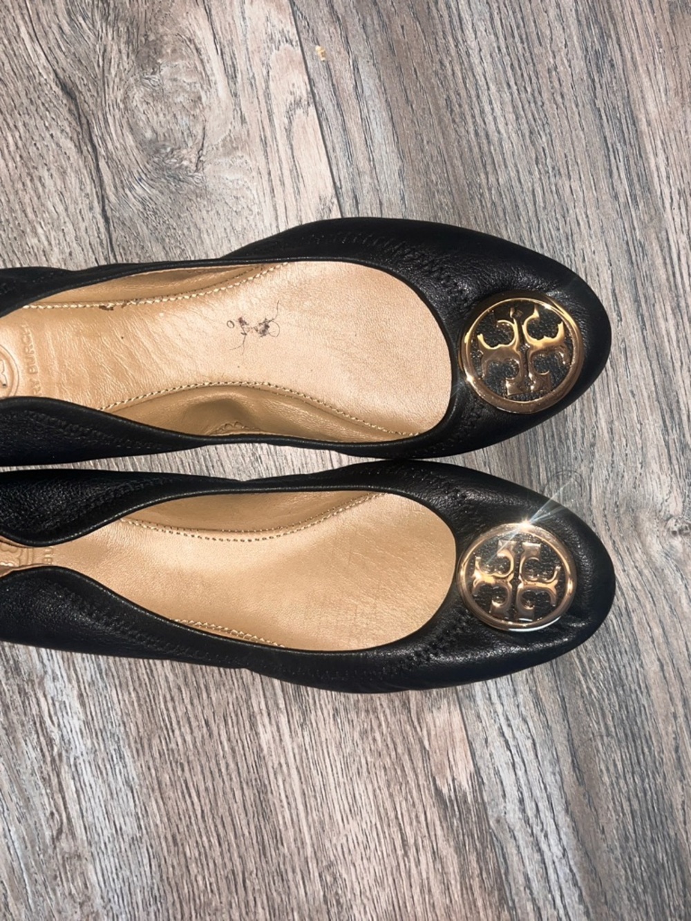 Tory Burch Black Leather Ballet Flats with Gold Logo Medallion